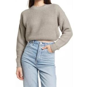 Elodie Crew Neck Knit Pullover Crop Sweater in Gray XS NWT